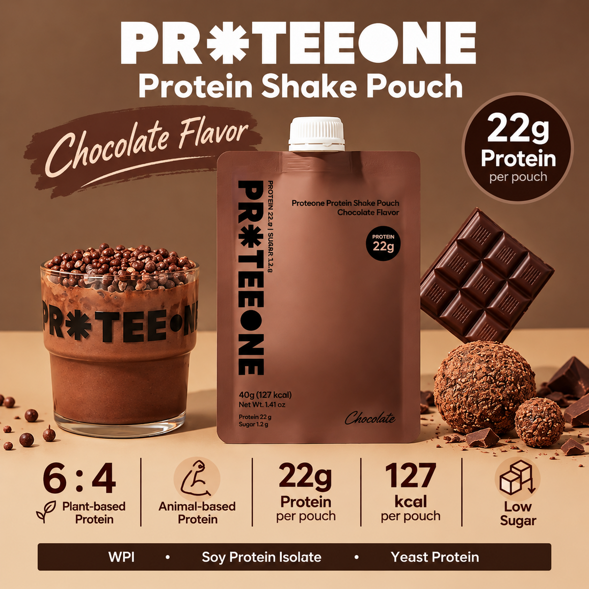 [PROTEEONE] Protein Shake Pouch (Chocolate, Green Tea, Black Sesame, Grain) 40g 프로티원 단백질 쉐이크 파우치