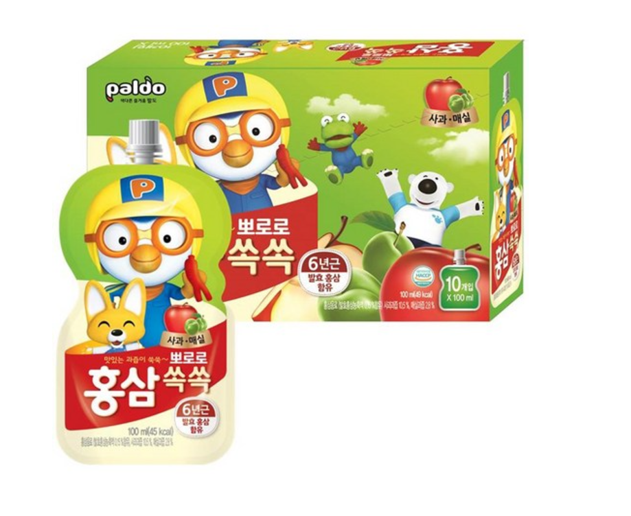 [Paldo] Kids Pororo Pouch Red Ginseng Fruit Drink 100ml 뽀로로 홍삼쑥쑥 사과 포도