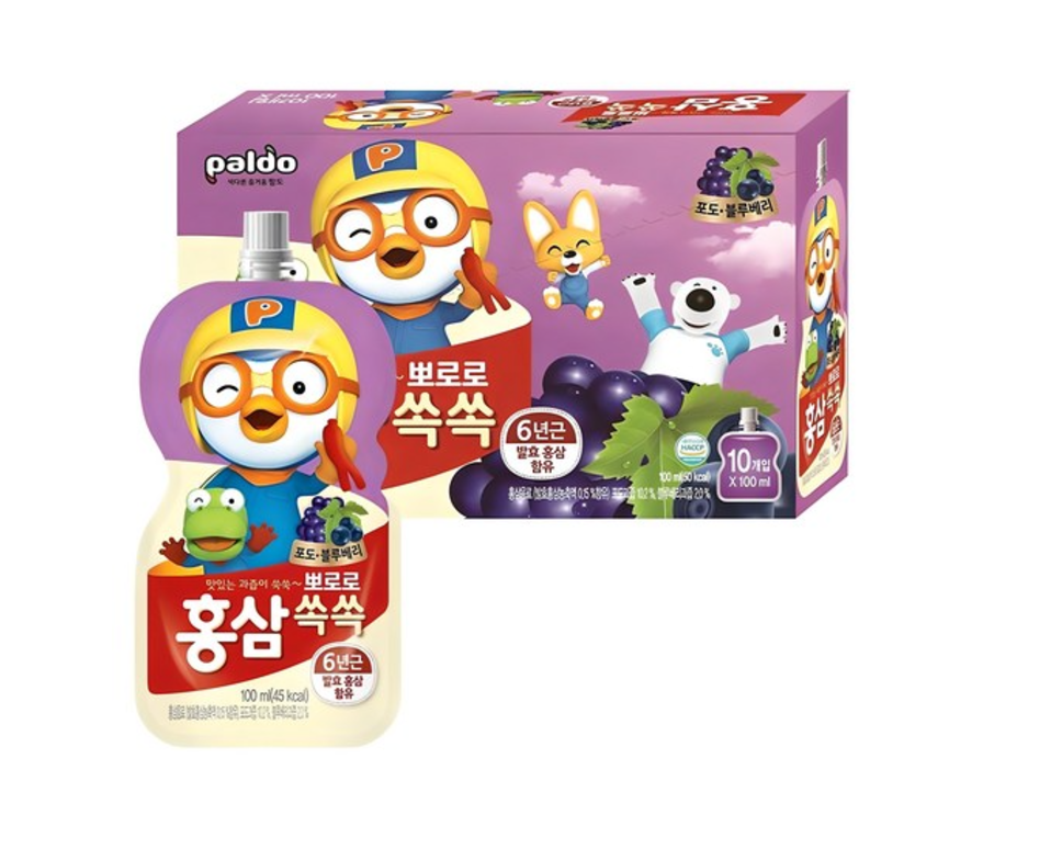 [Paldo] Kids Pororo Pouch Red Ginseng Fruit Drink 100ml 뽀로로 홍삼쑥쑥 사과 포도