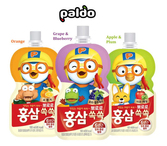 [Paldo] Kids Pororo Pouch Red Ginseng Fruit Drink 100ml 뽀로로 홍삼쑥쑥 사과 포도