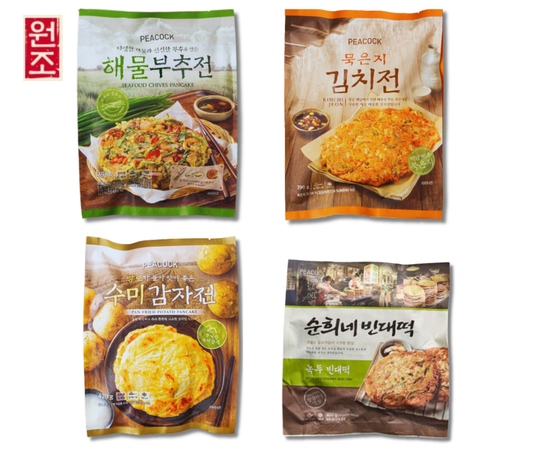 [Peacock] Korean Jeon Pancake (Kimchi, Seafood Chives, Potato, Mung Bean) 빈대떡 해물부추전 김치전 감자전