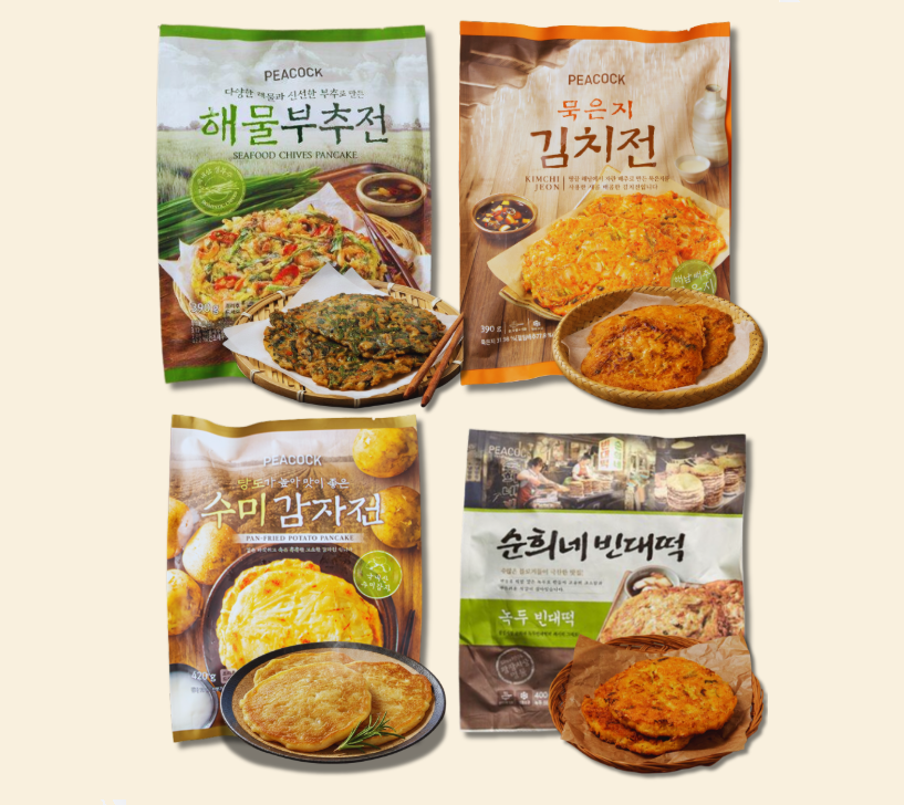 [Peacock] Korean Jeon Pancake (Kimchi, Seafood Chives, Potato, Mung Bean) 빈대떡 해물부추전 김치전 감자전